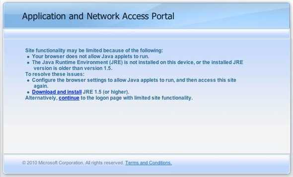 Microsoft's Application and Network Access Portal that displays a warning about user's browser not
allowing Java applets to run
